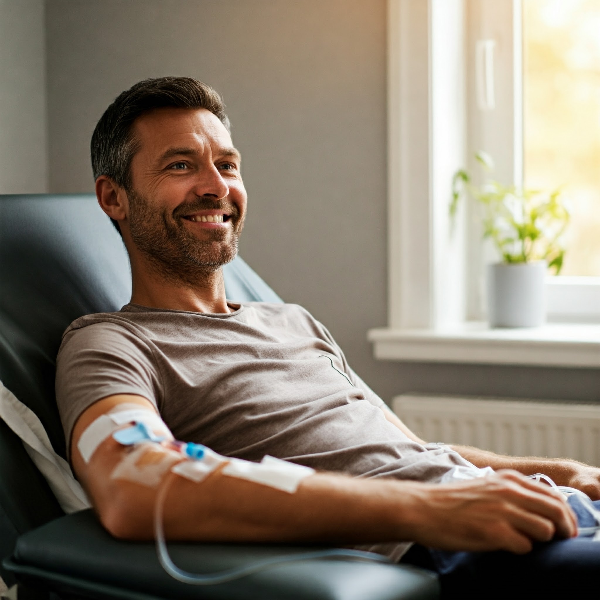 A man in his thirties smiles while receiving IV therapy in his living room.