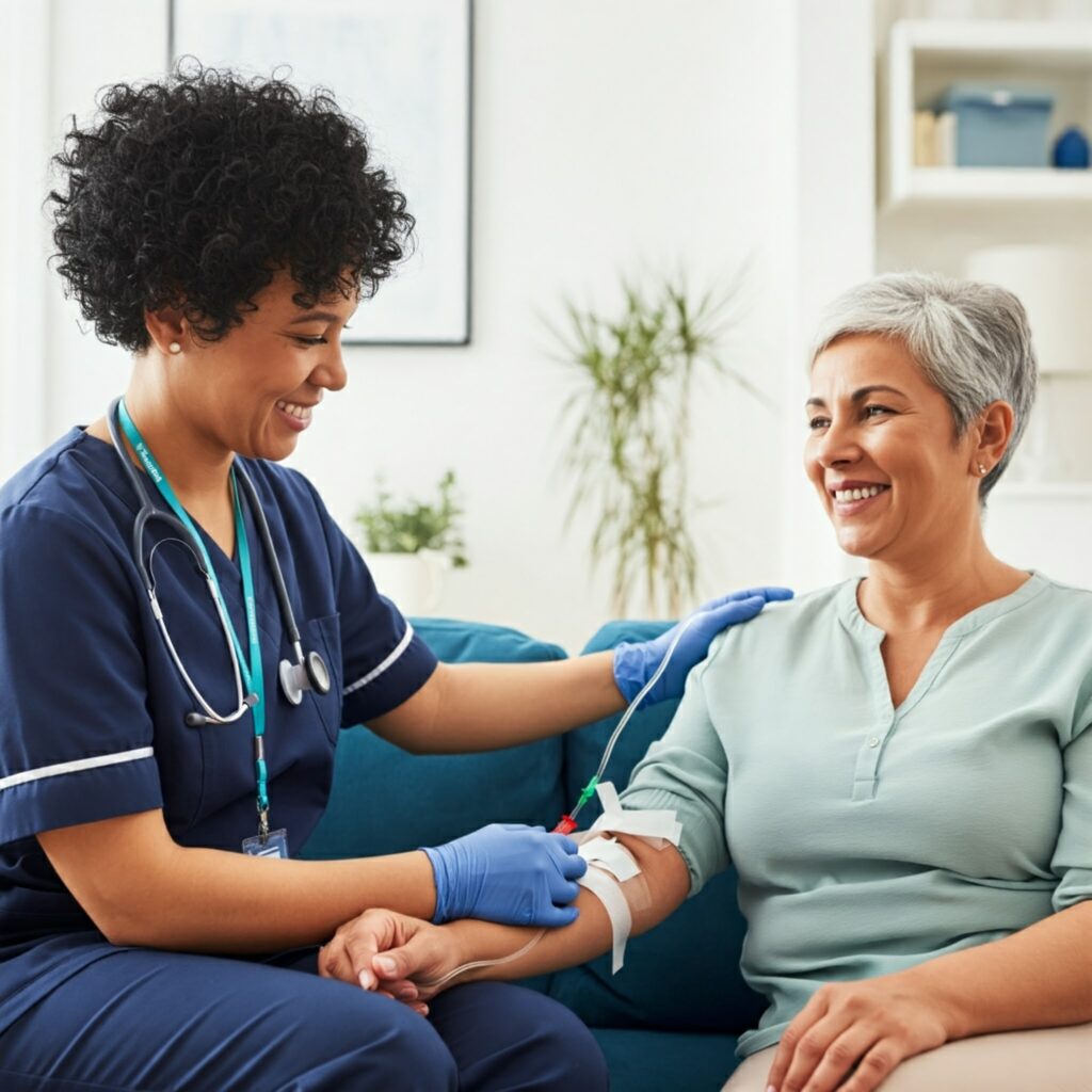 A smiling nurse administers IV therapy to a relaxed patient in their living room.