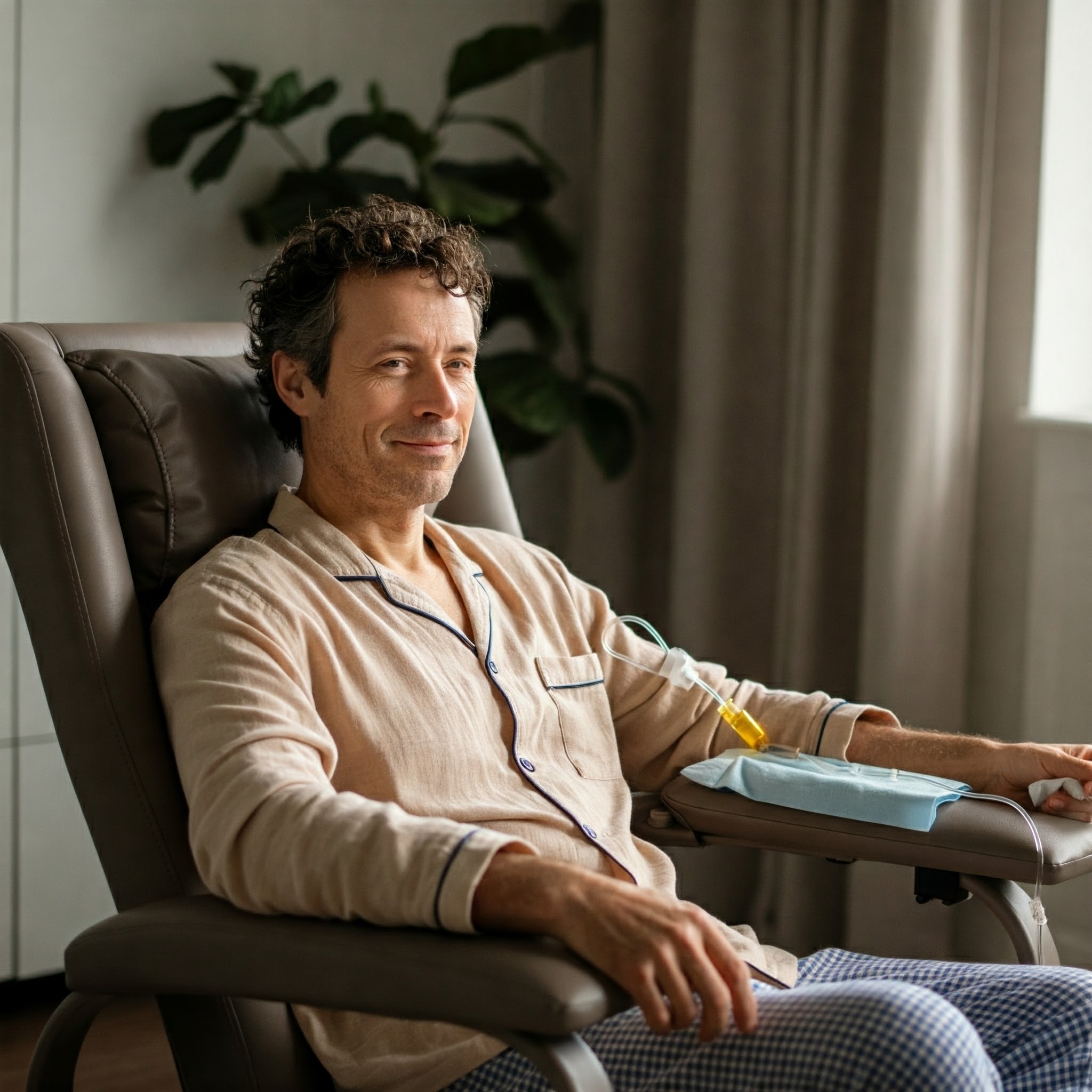 A man relaxes in a comfortable chair while receiving NAD+ IV therapy at home.