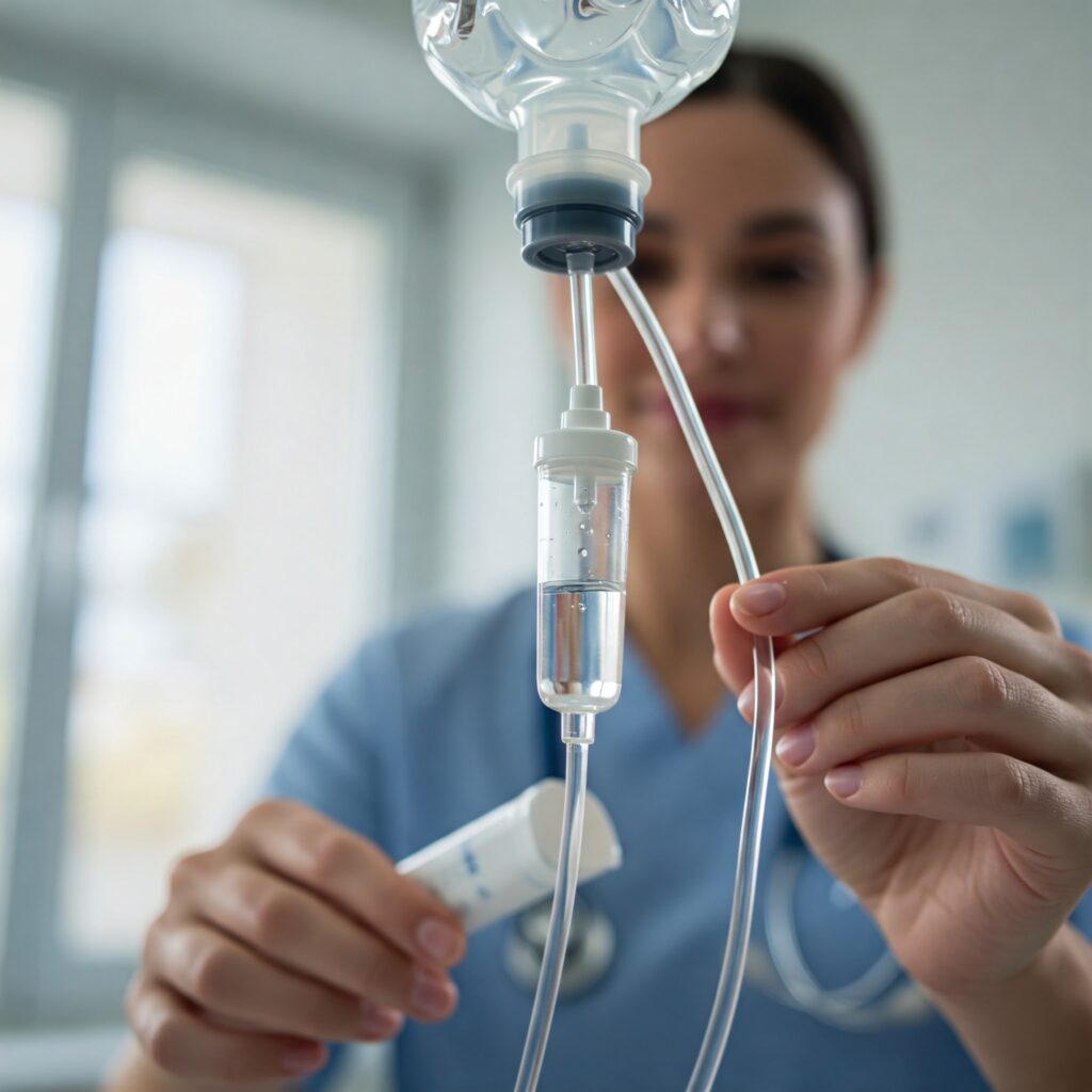 IV dri p bag with fluids flowing, blurred spa background. Text overlay: "IV Wellness. Get Ahead of the Season. Allergies are in Full Force."