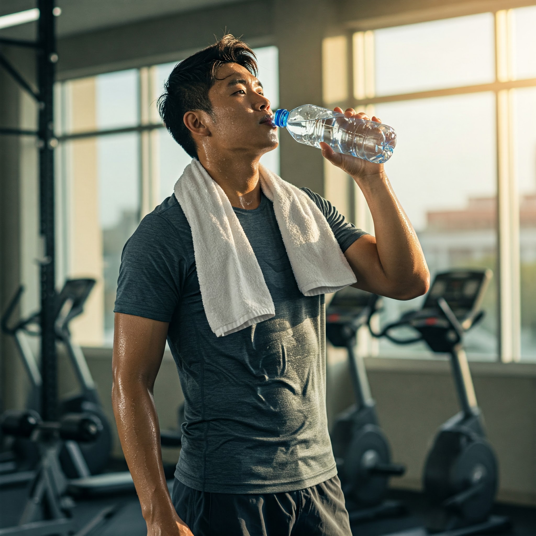 A man drinking water from a bottle after a workout, with a towel around his neck.