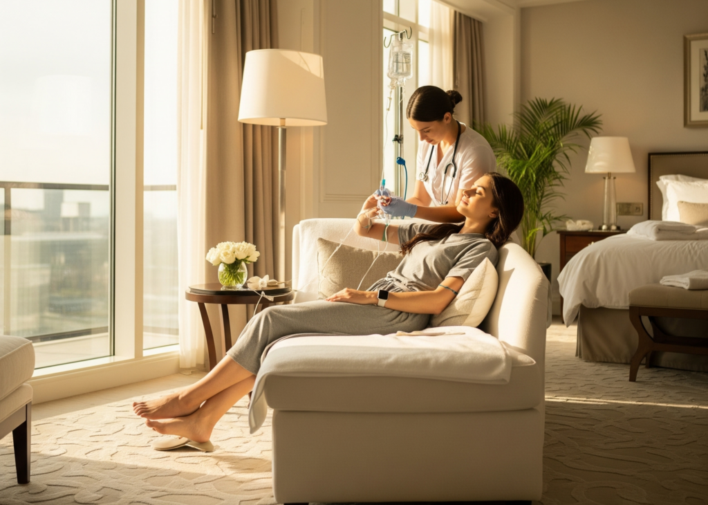 Woman receiving mobile IV therapy in hotel room for travel fatigue