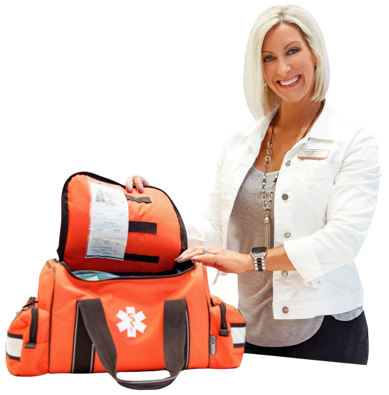 IV Wellness™ founder posing with a mobile IV therapy medical bag for private events and group wellness services.