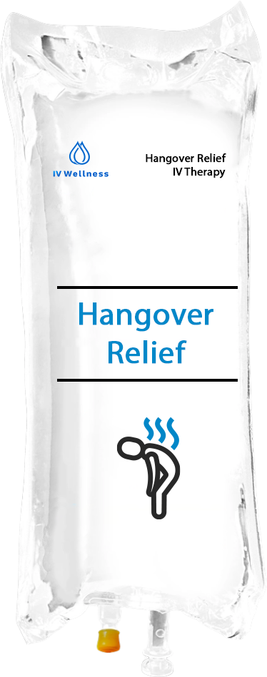 Hangover Relief IV therapy bag formulated to relieve dehydration and restore energy.